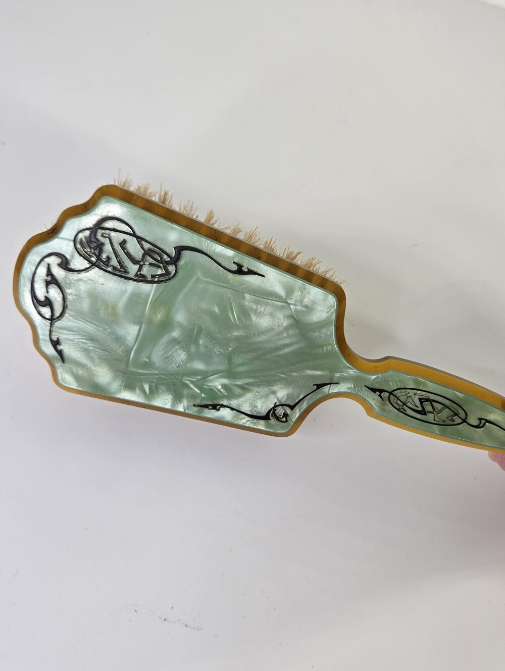 VTG Art Deco Green Pearlized Celluloid Vanity Hair Brush 1920s 30s  9" Art Nuvou - Picture 3 of 13